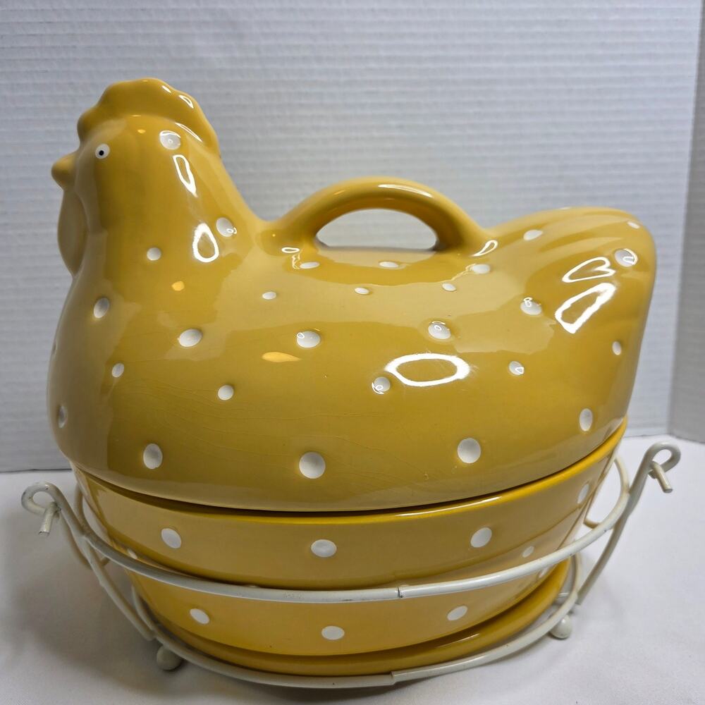Temp-Tations Ovenware By Tara 2QT Yellow Polka Dot Chicken Bakeware Stoneware
